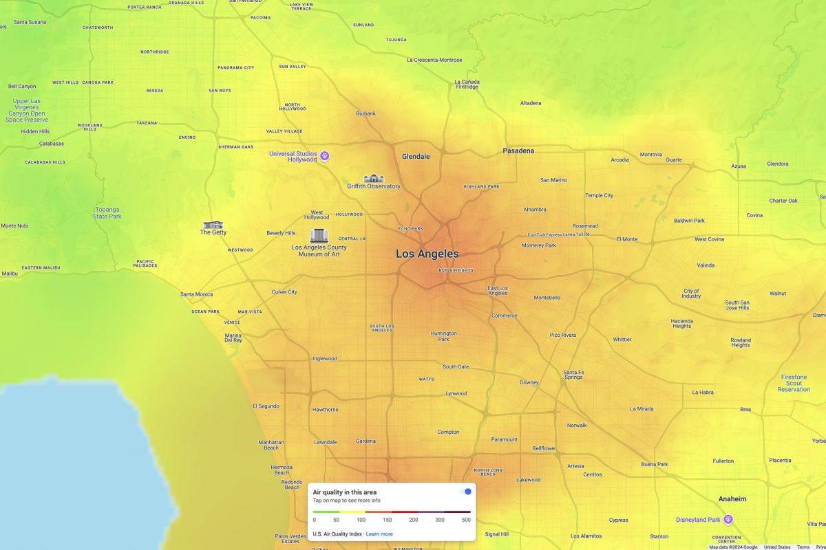 A Google map of Los Angeles shows varying air quality levels from Oct. 9