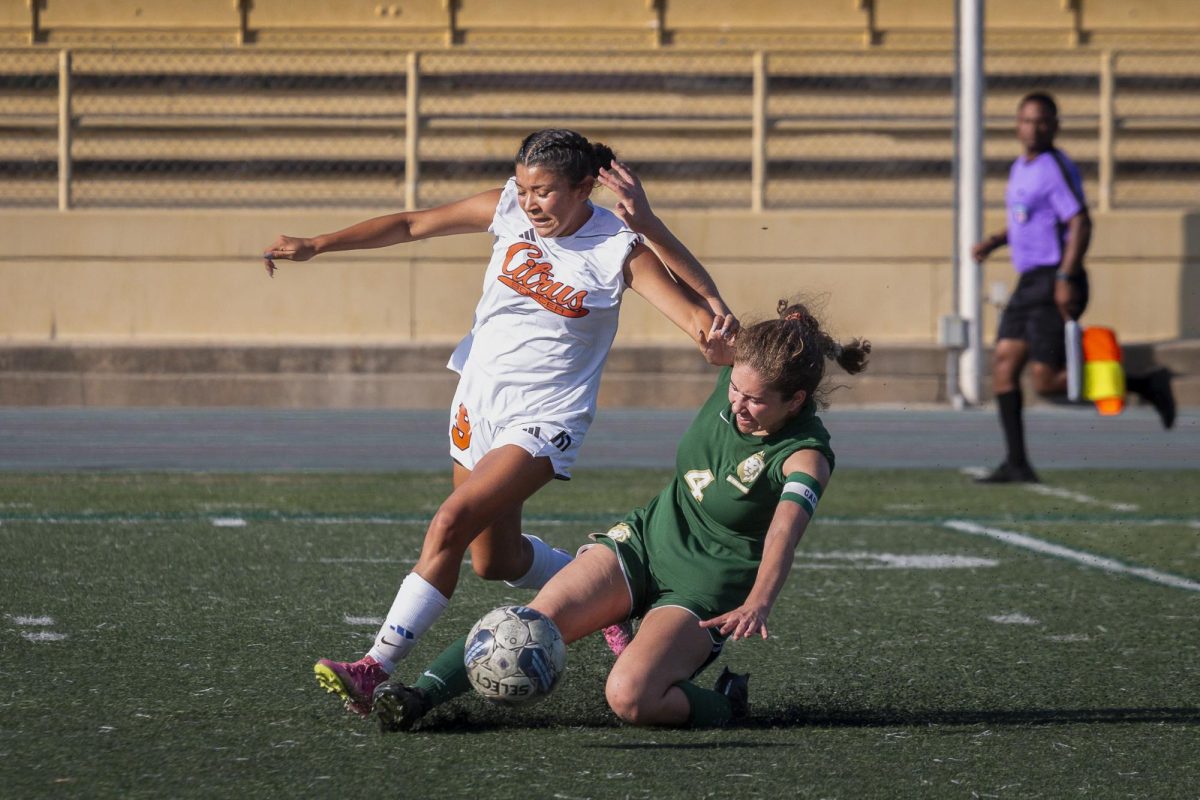 Valley freshman defender Samantha Valencia sets up to send a long pass at Monarch Stadium against Santa Ana College.
