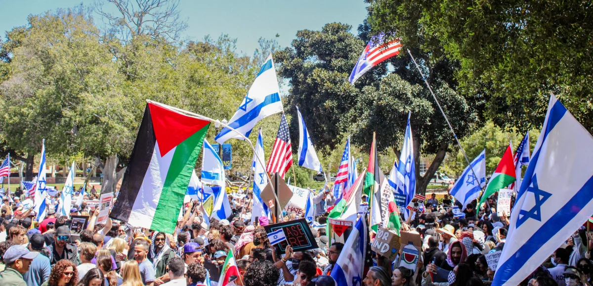 Hundreds of people show up at UCLA to protest the war in Gaza; both from the pro-Palestine side and pro-Israel side.   Photo taken at UCLA’s Dickson Plaza on Sunday, April 28, 2024.
