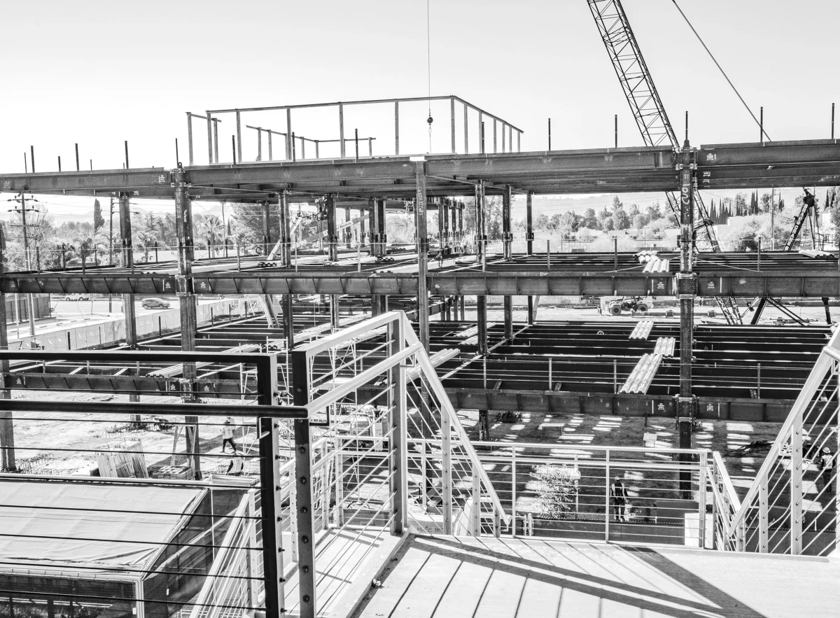 Construction of BuildLACCD project's Academic Complex One, as viewed from the Allied Health and Sciences Center at Valley. 