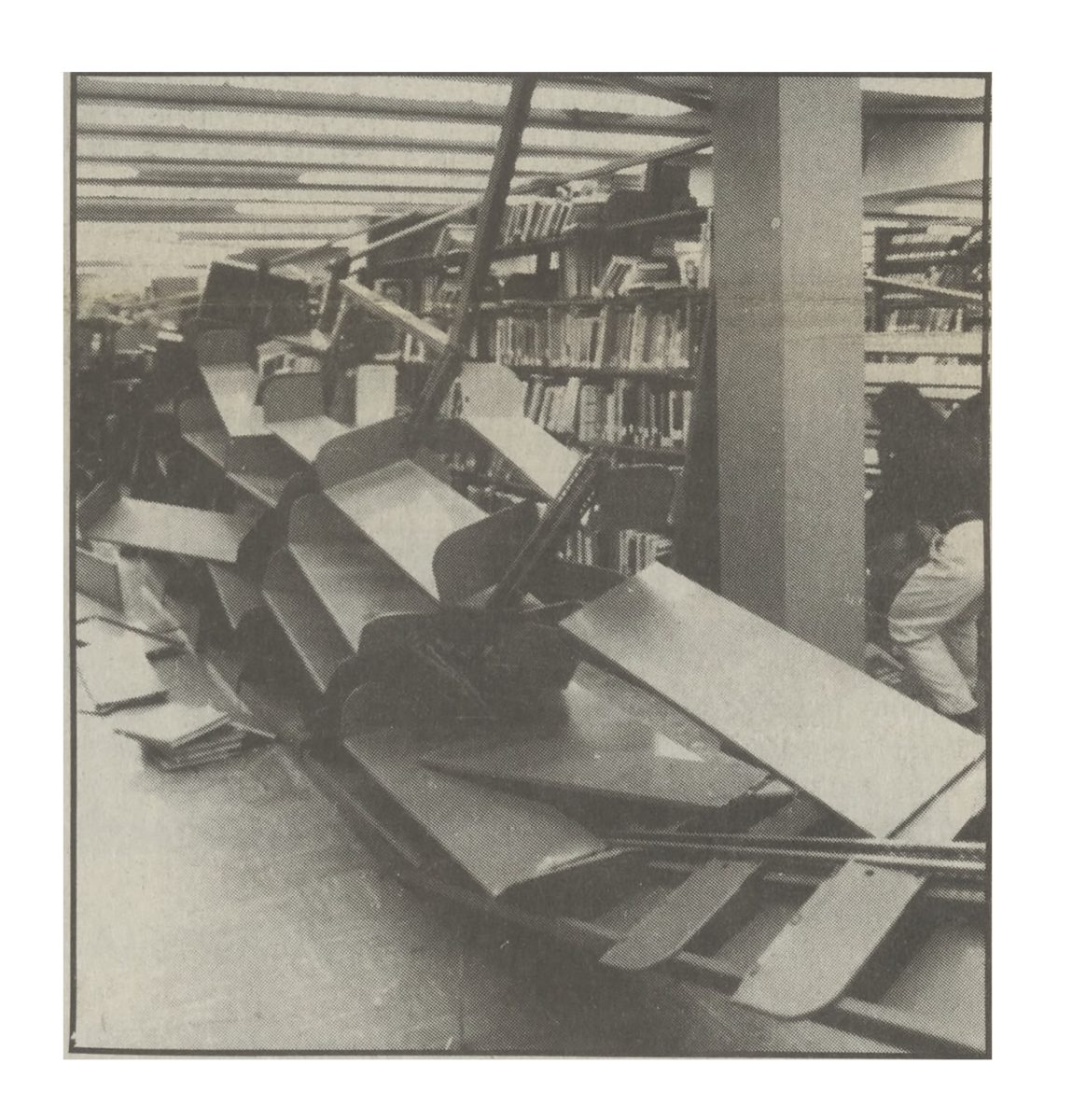 The 6.7 Northridge earthquake of 1994 toppled over 100 of the bookshelves in Valley College’s Library. This photo was recovered from the first Valley Star paper following the quake, published Feb. 10 1994.